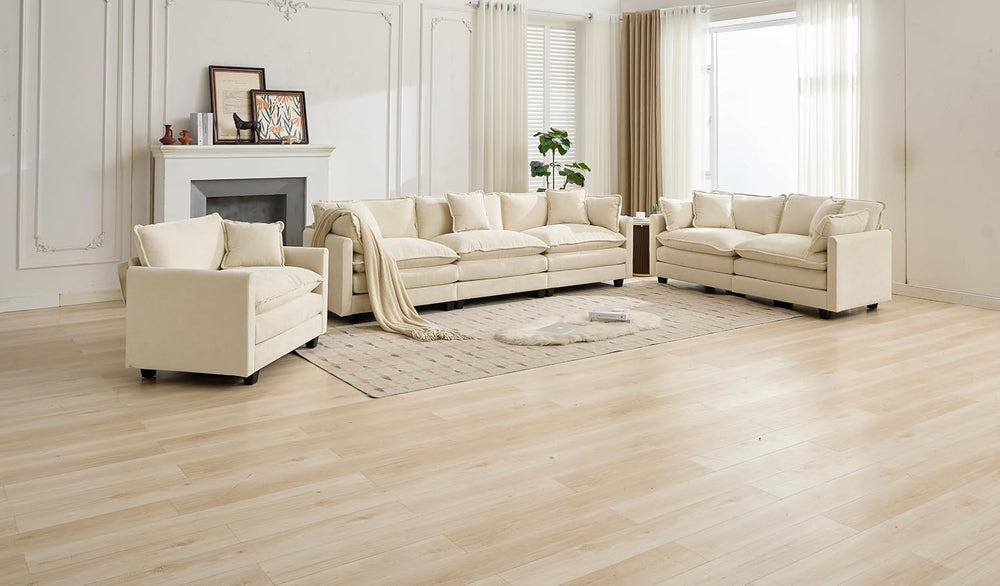 Chenille Modular Single Sofa with Ottoman, Cloud Couch with Pillow,Beige