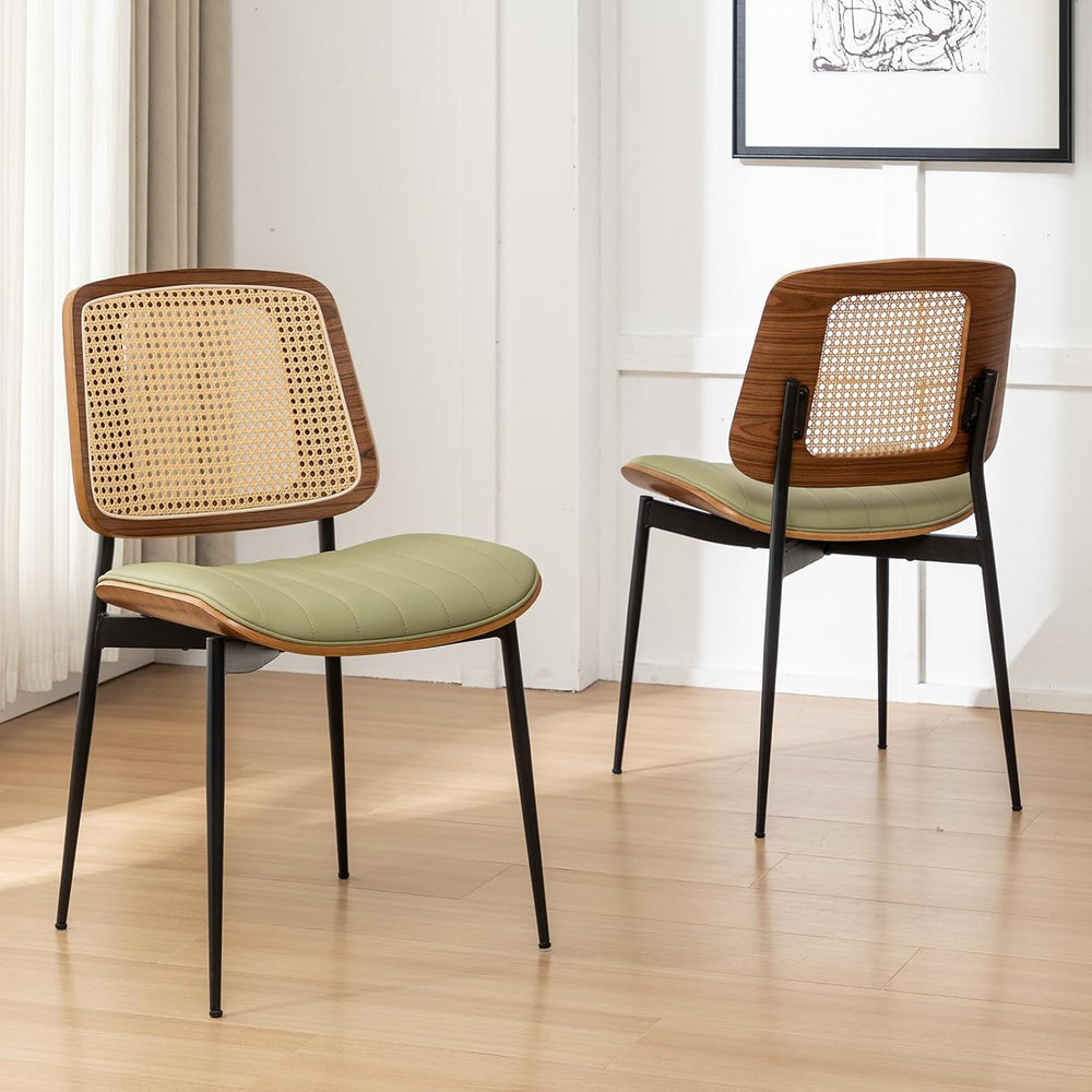 Rattan Dining Room Chairs Set of 4,Mid Century Modern Green PU Leather Kitche...