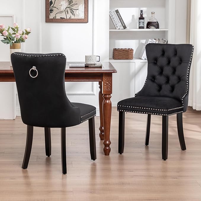 Velvet Dining Chairs Set of 6, Tufted Dining Room Chairs with Nailhead Ring P...