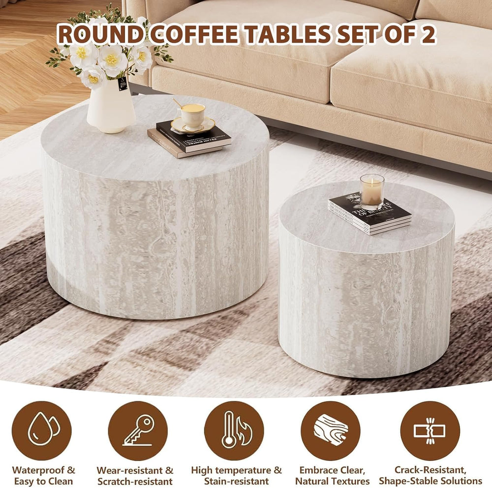 Travertine Round Nesting Coffee Table Set of 2 | Faux Travertine Drum Style W...