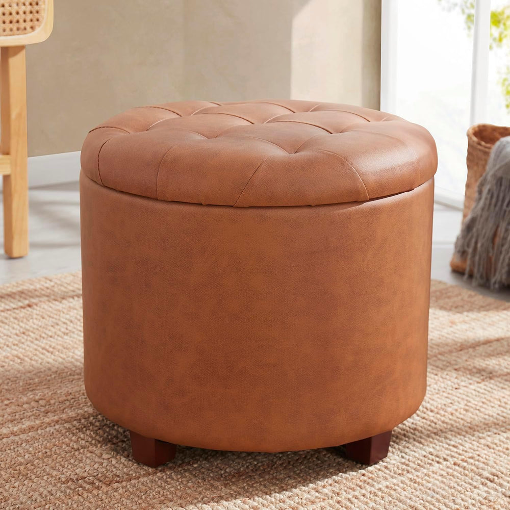 Ornavo Home 18" Round Storage Ottoman with Lid, Holds 300 lbs, Cognac | ...