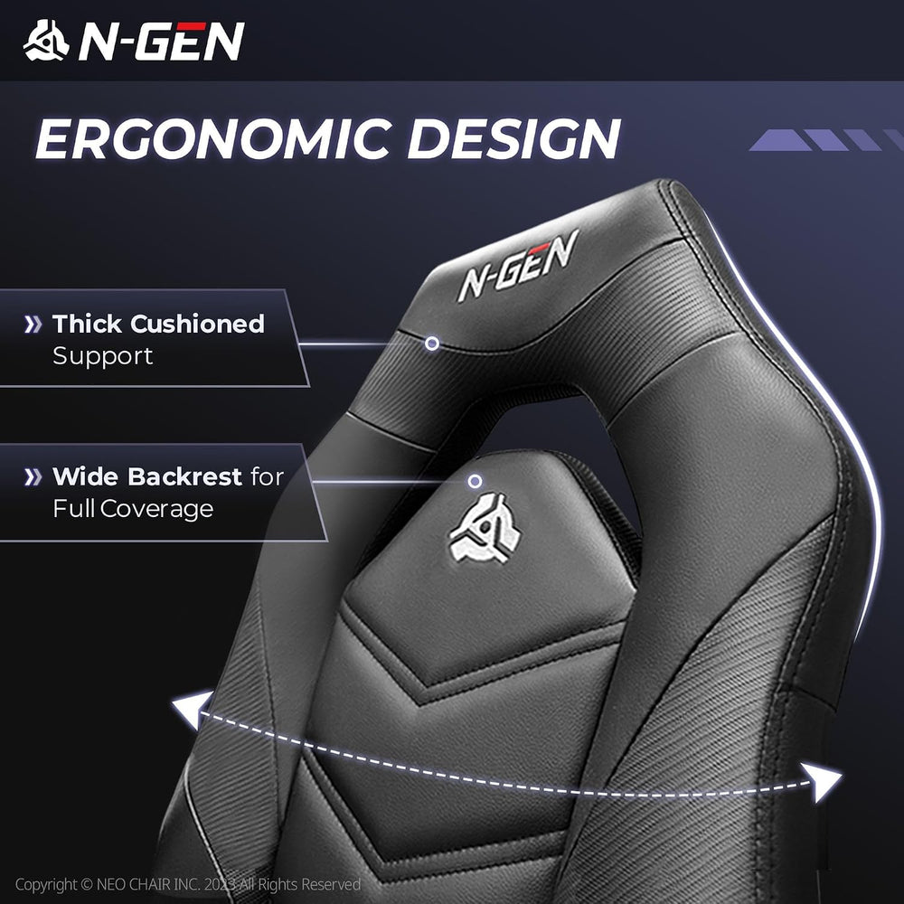N-GEN Gaming Gaming Chair, Lumbar, PU Leather, Flip-Up Arms, Jet Black | Ergo...