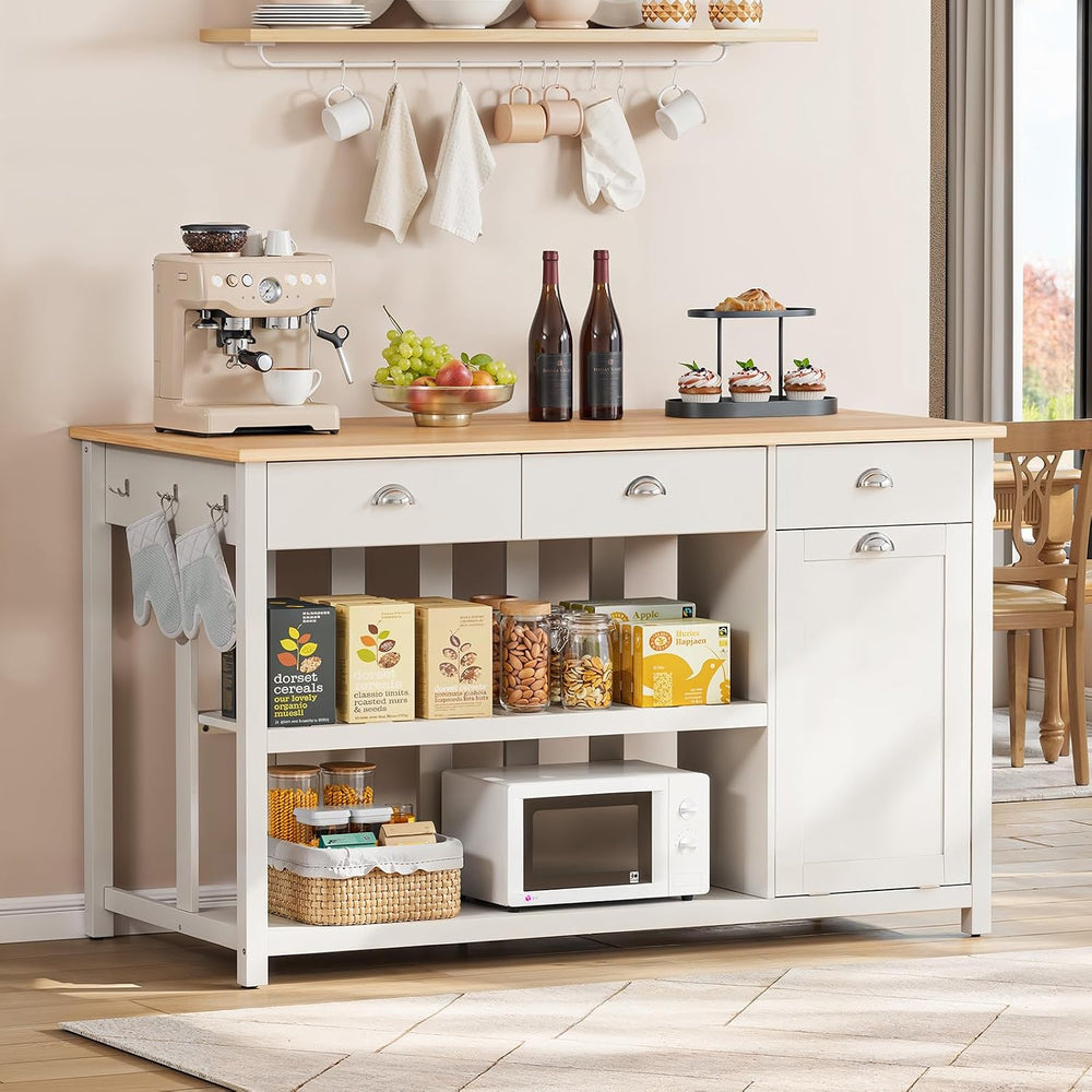 ONBRILL 59" Kitchen Island with Storage, Solid Rubberwood Tabletop | Isl...