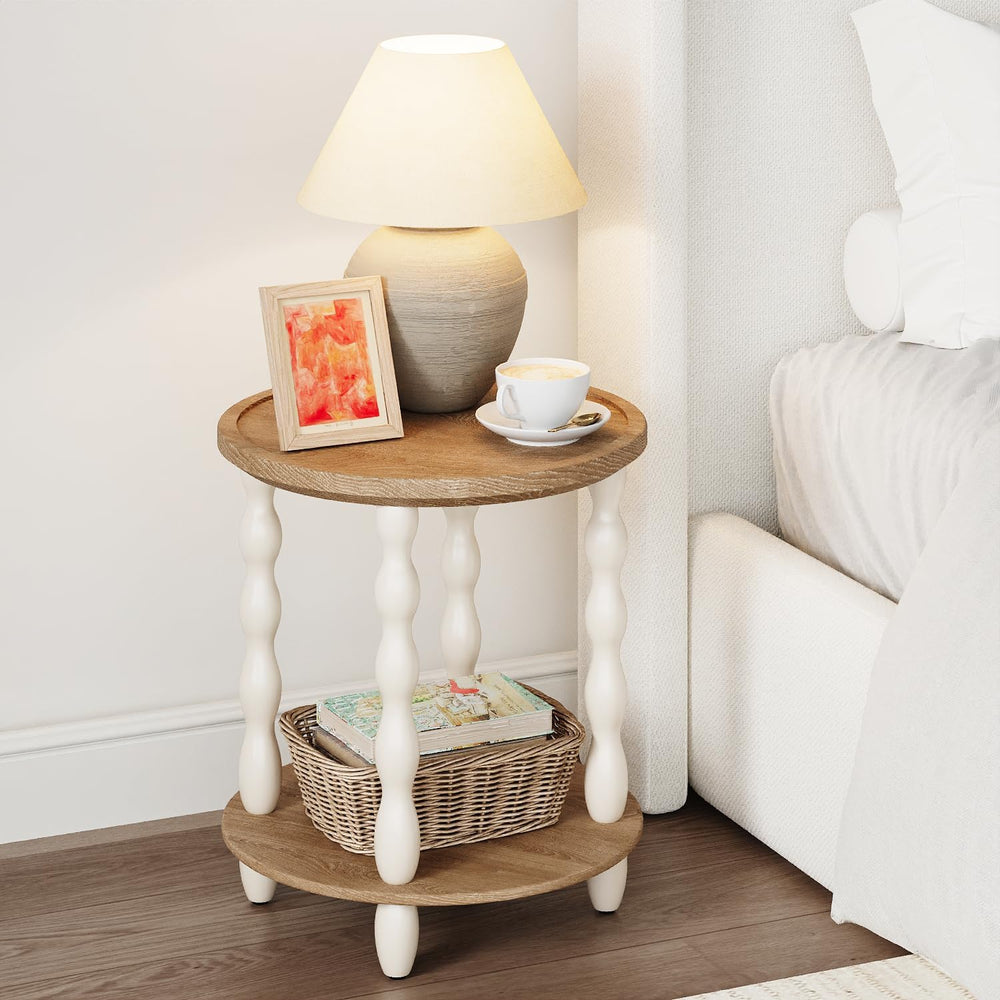 Round End Table, 2-Tier Farmhouse End Table, 18.5'' Handcrafted Weath...