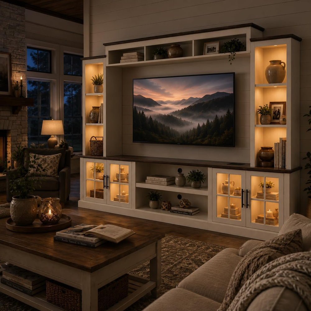White Farmhouse TV Stand, Entertainment Center, 98" Wall Unit Media Cons...