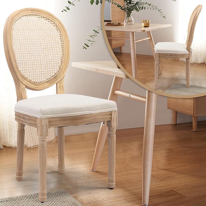 Rattan Back Upholstered Dining Chairs Set of 4 French Country Oval Kitchen Si...