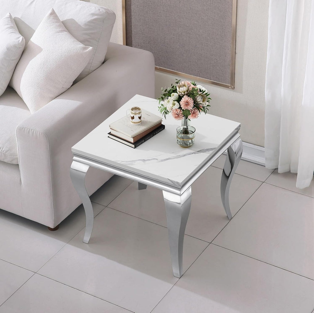 Henf 23in Square End Table Faux Marble End Table w/Stainless Steel Legs,Luxur...