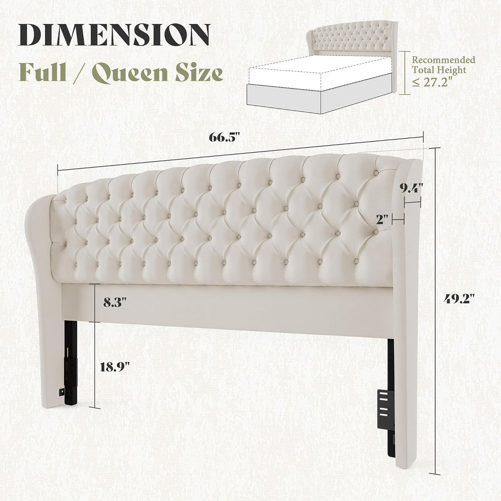 AMERLIFE Full/Queen Headboard Only, Velvet Upholstered Wingback, Cream