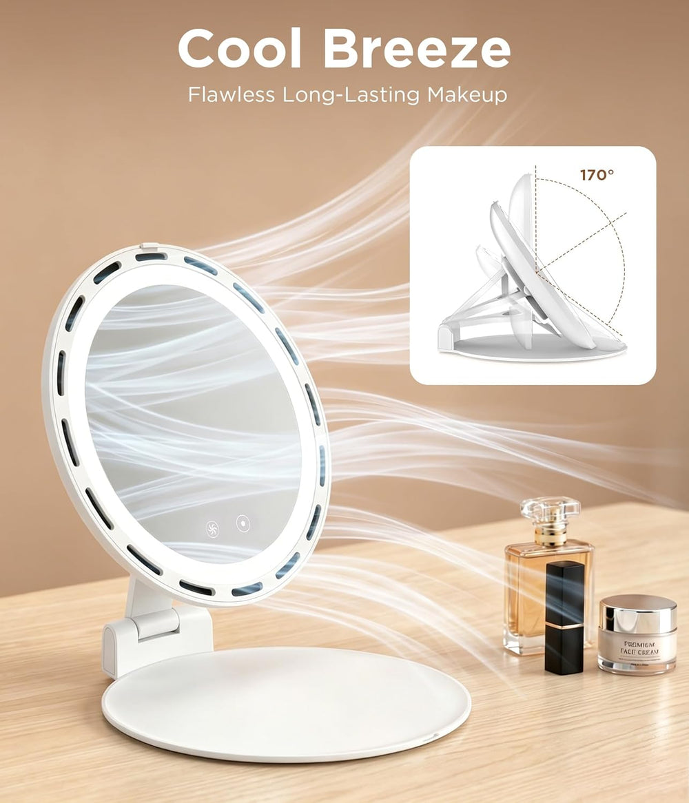Travel Makeup Mirror with Fan, Rechargeable, 3 Color Dimmable Lighting