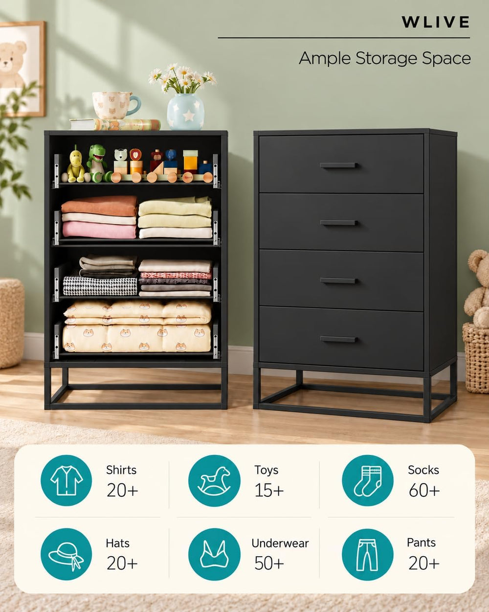 WLIVE Wooden Dresser for Bedroom with 4 Drawers, Black