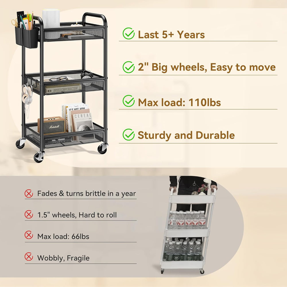 YASONIC 3 Tier Rolling Cart – Metal Utility Storage Carts with Wheels, Craft ...