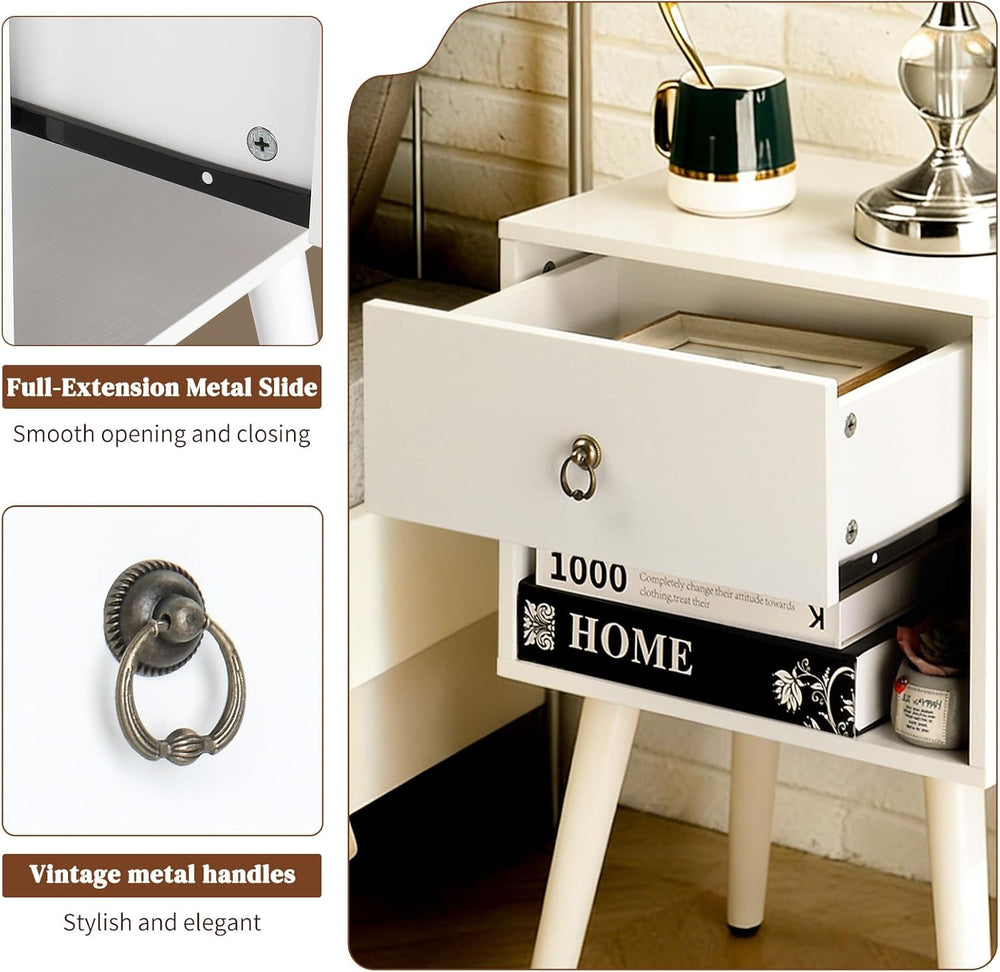 Bonnlo White Nightstand Set of 2, Modern Bedside Table with Drawer Open Shelf...