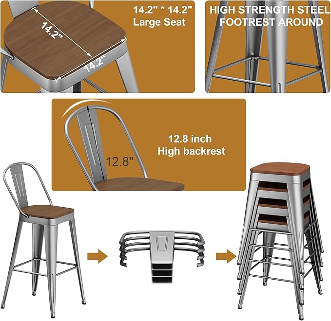 Andeworld Metal Bar Stools Set of 4, 26 inch Counter Height Barstools with Ba...