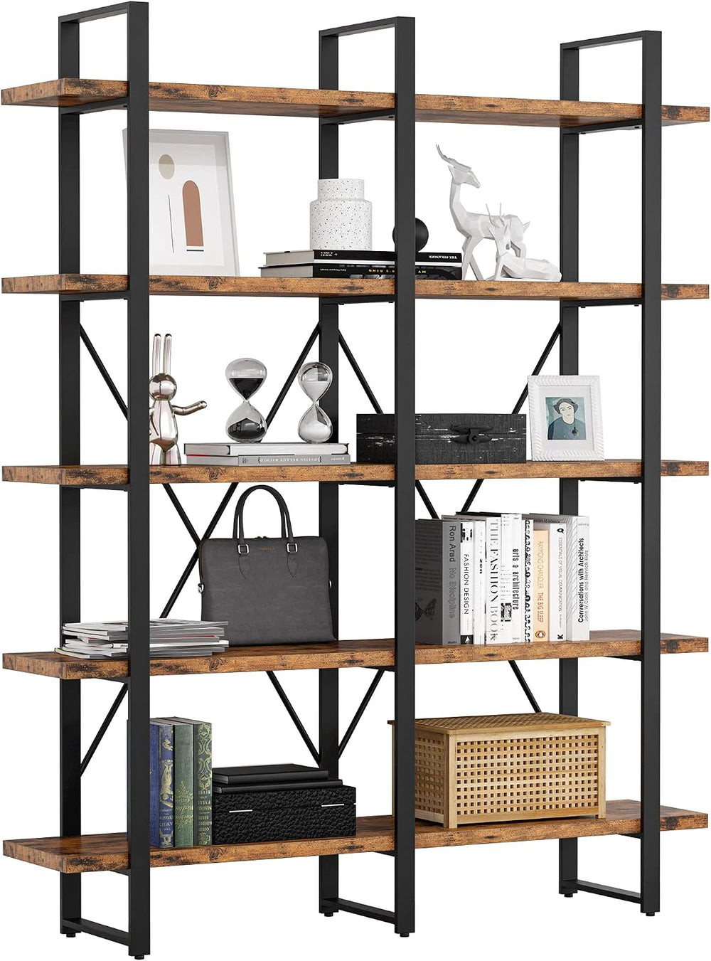 IRONCK Industrial Bookshelf and Bookcase Double Wide 5 Tier, Large Open Shelv...