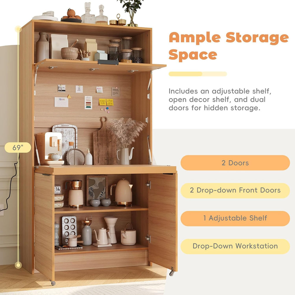 Farmhouse Pantry Cabinet with Foldable Workstation, 69" Tall Buffet with...