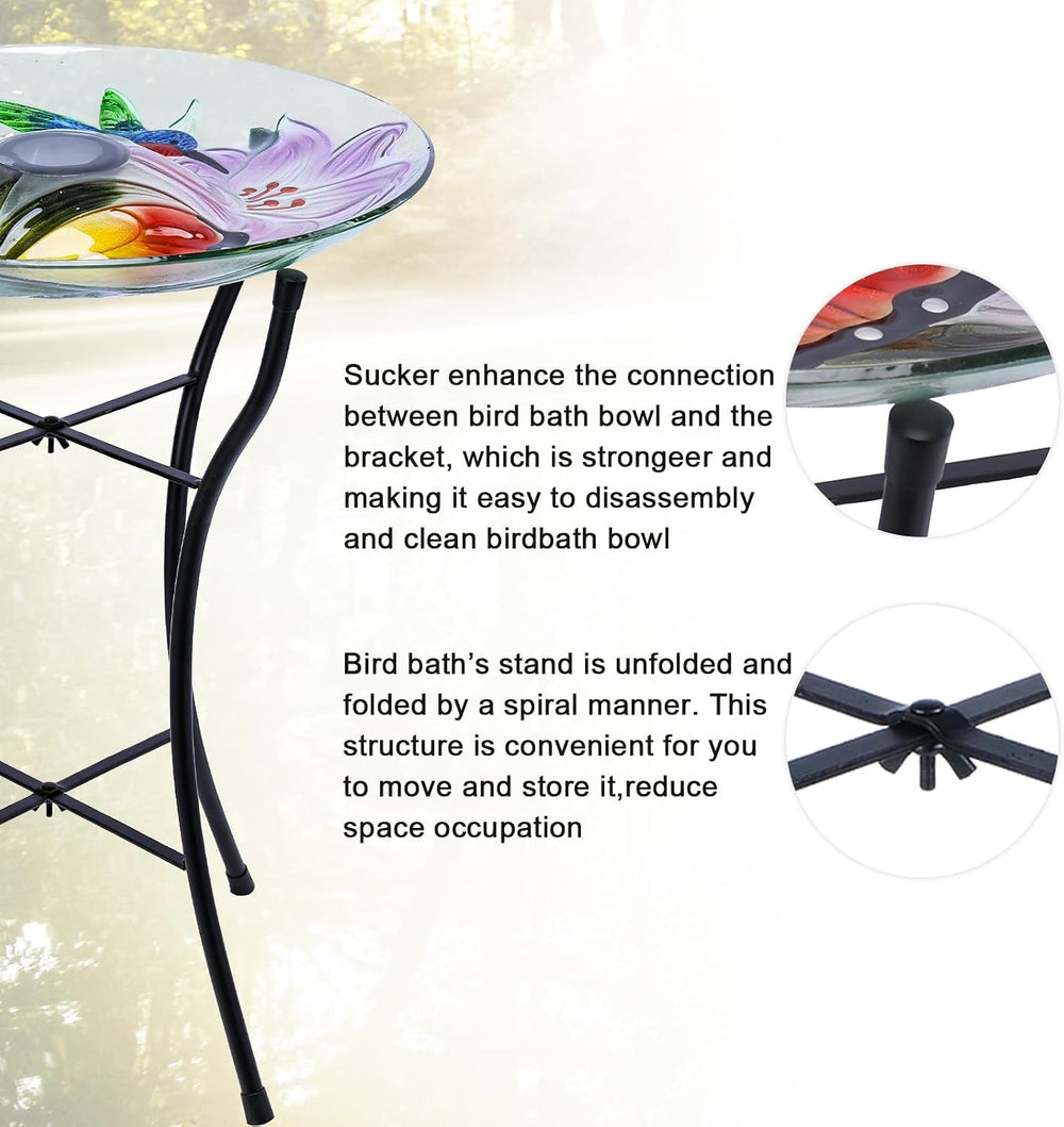 MUMTOP Outdoor Glass Bird Bath Solar Birdbath with Metal Stand Garden Decor