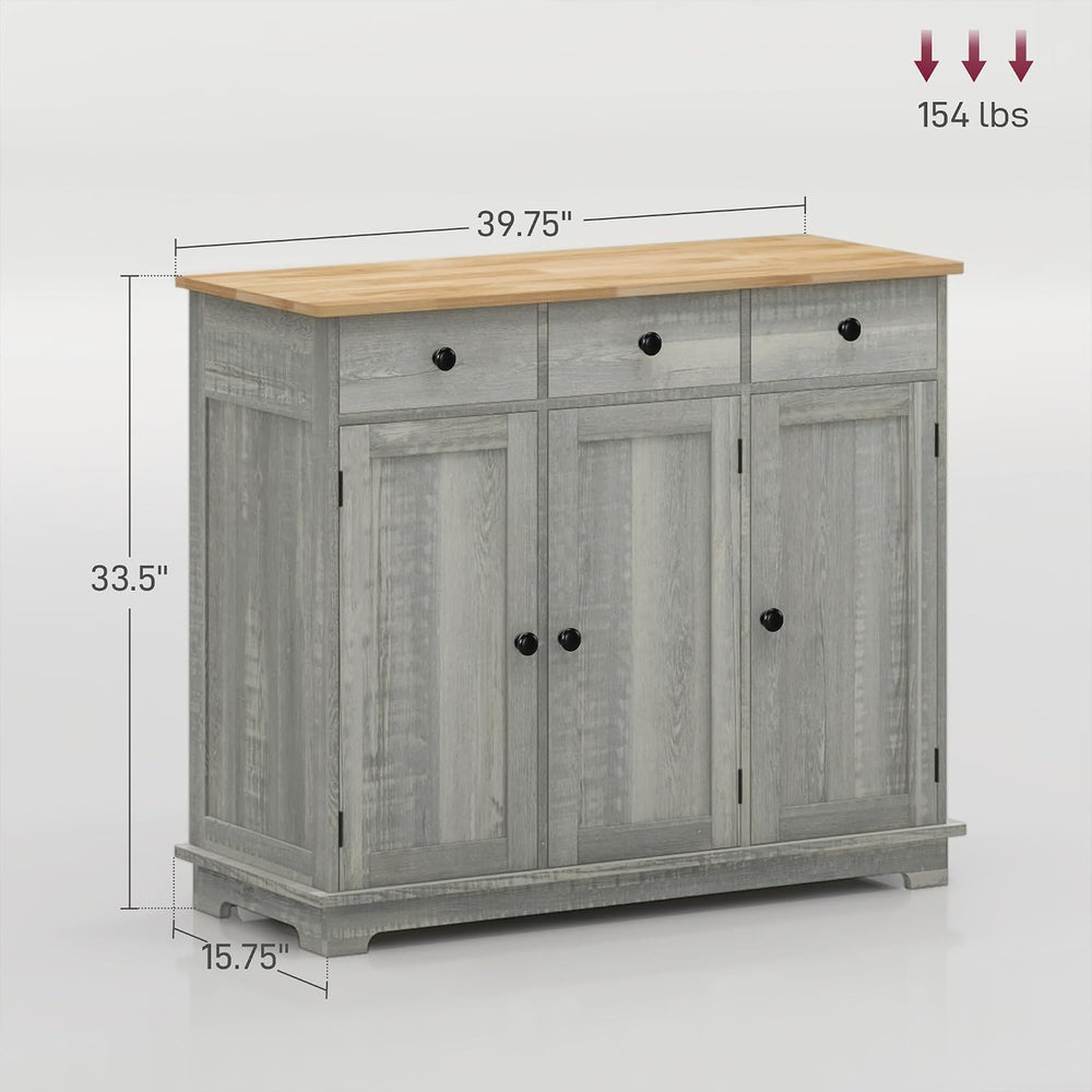 HOMCOM Sideboard Buffet Cabinet Solid Wood Countertop Distressed Light Gray
