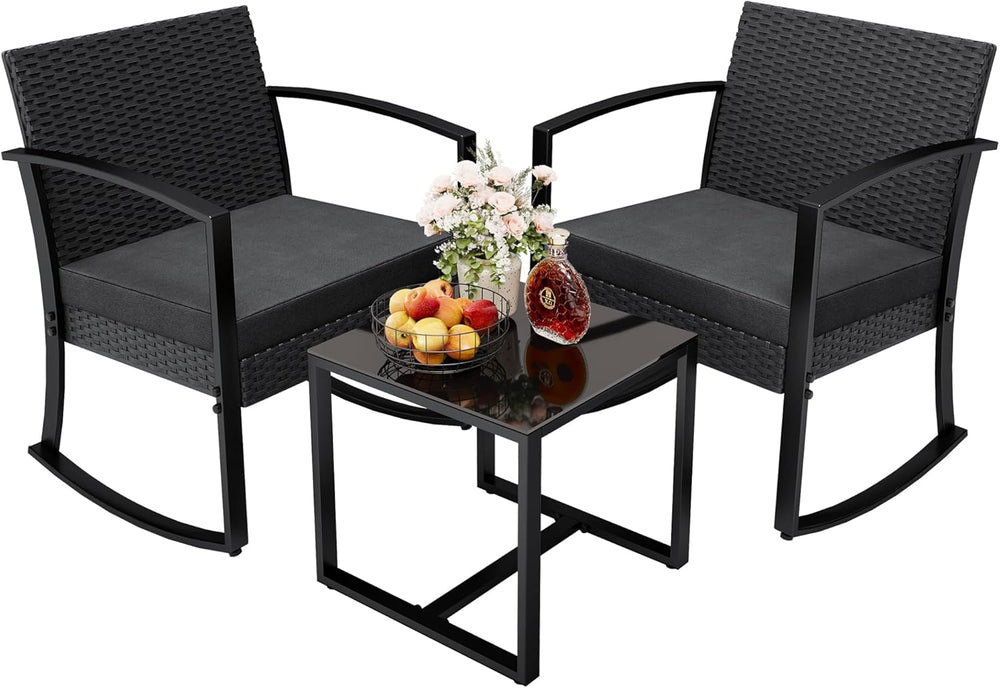 Greesum 3 Pieces Outdoor Furniture Set Patio Bistro Rocking Chairs with Glass...