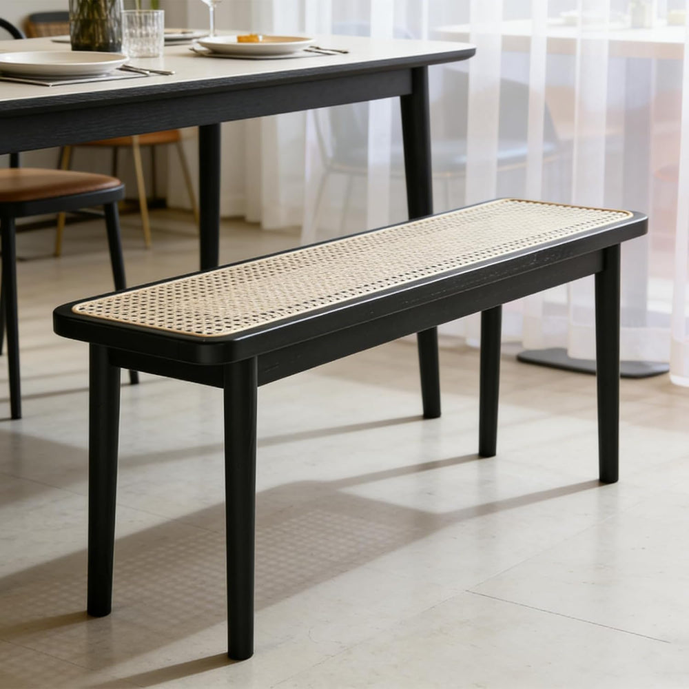 39 Inch Black Skinny Bench with Handwoven Rattan - Dining Bench, Solid Oak Fr...