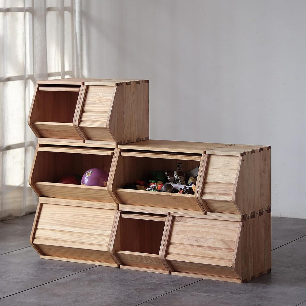 Stackable Solid Wood Storage Chests,Bins with Lids,Modular Wooden Multi-use B...