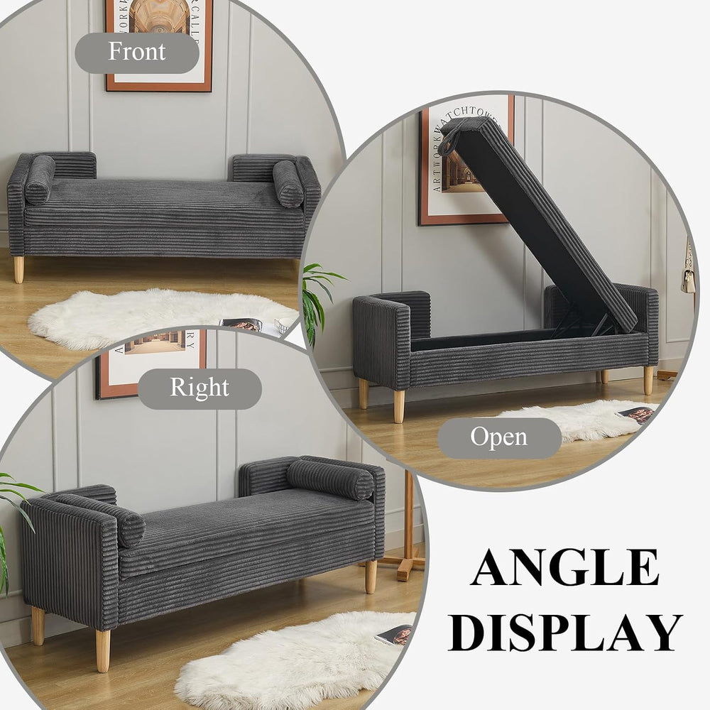 65.35" Storage Bench, Corduroy Upholstered End of Bed Bench with Bolster...
