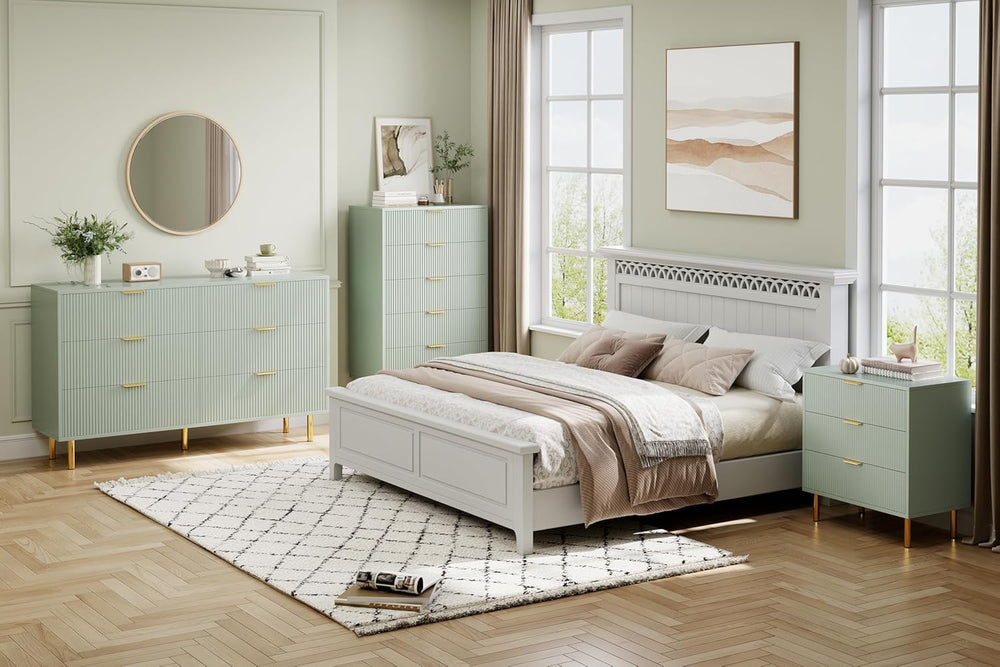 IDEALHOUSE Modern Green 3 Drawer Dresser for Bedroom with Gold Handles
