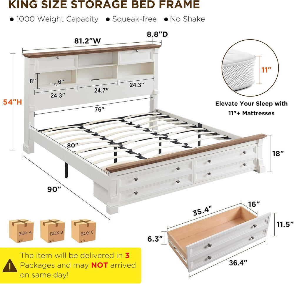 Farmhouse King Size Bed Frame with 2 Drawers & 4 Bookcases On The Headboard