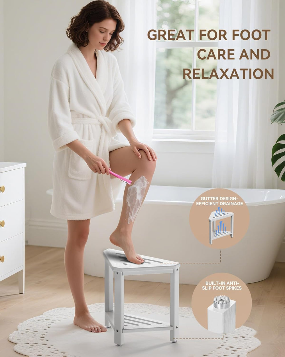 Shower Foot Rest 15in, HDPE Waterproof Shower Stool for Inside Shower, Corner...