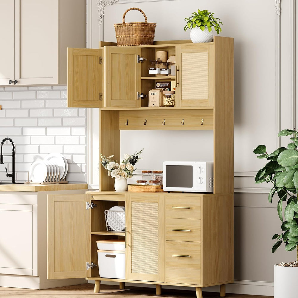 71" Tall Kitchen Pantry Cabinet, Freestanding Rattan Hutch with Microwav...