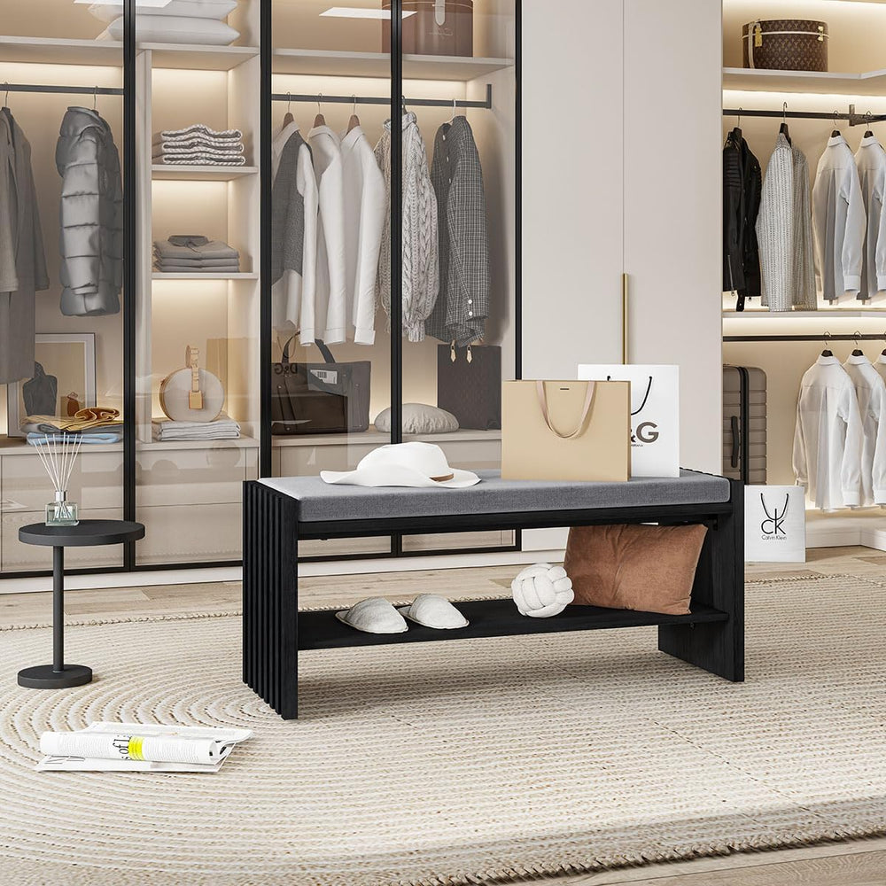BON AUGURE 40" Entryway Shoe Bench with Storage & Cushion, Modern Fl...