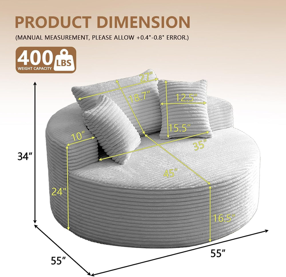 Oversized Round Chair Lounge Chaise Indoor, Upholstered Corduroy Deep Seat Cl...