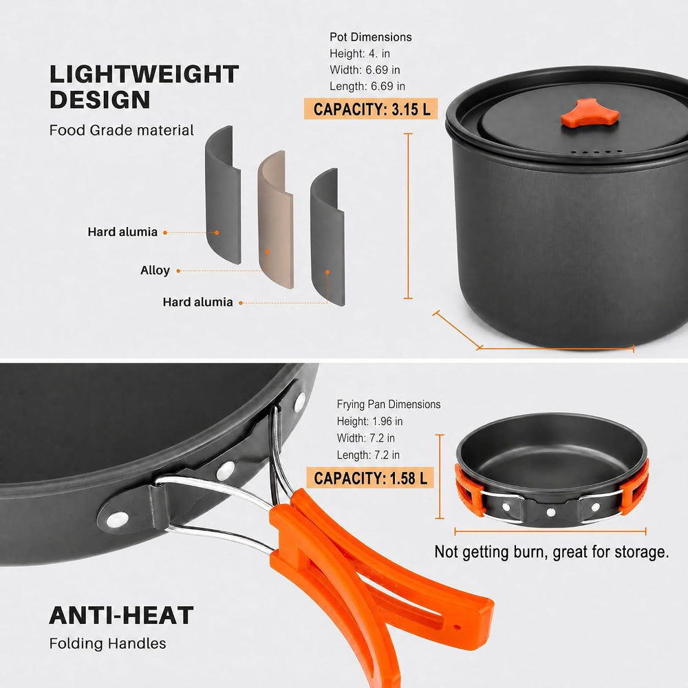 Camping Cookware Set, Nonstick Pot Pan Utensils Mess Kit for Backpacking