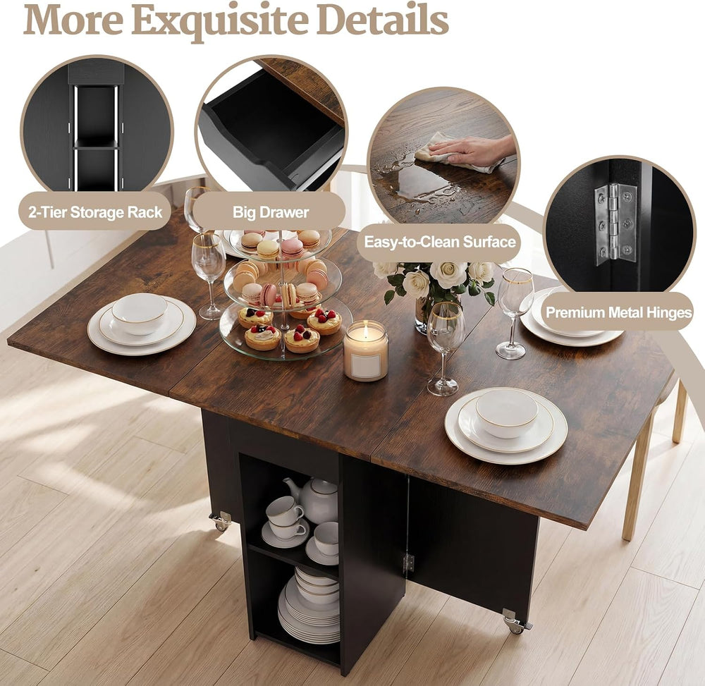 GOFLAME Drop Leaf Dining Table for 2-4, Folding Kitchen Table with Open Shelv...