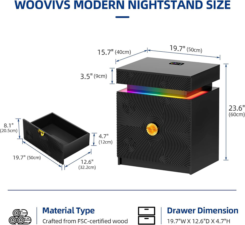 WOOVIVS Bedside Table with 2 Drawers and Sliding Top, RGB Color Changing Ligh...