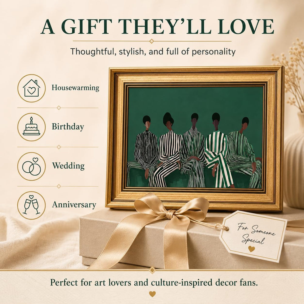 Gold Framed African American Wall Art Green White Striped Black People Canvas...
