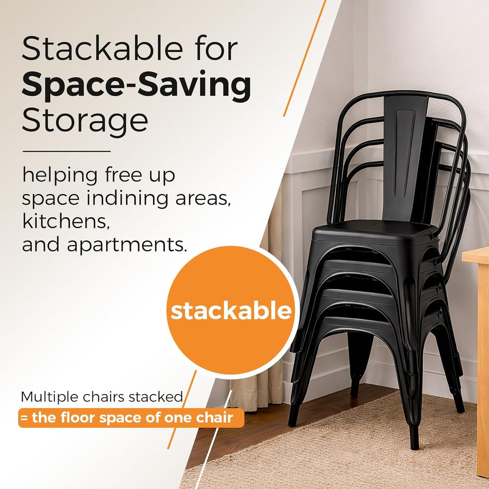 Metal Dining Chairs with Backrest, Stackable, Matte Black, 6 Pack | Easy Asse...