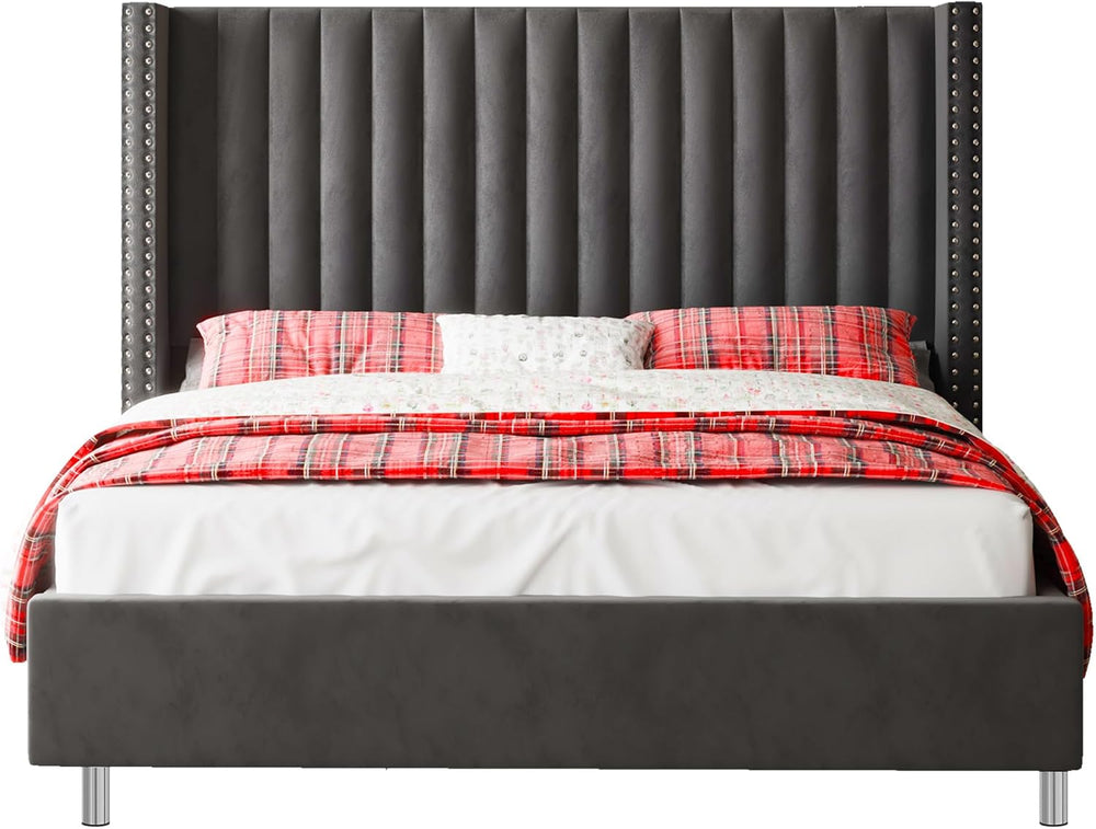 Jocisland King Size Bed Frame Velvet Upholstered Wingback Headboard, Grey