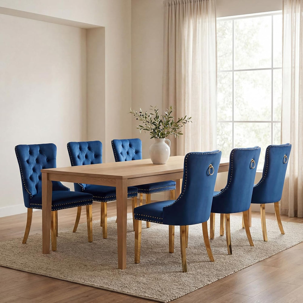 Blue Velvet Dining Chairs Set of 6, Fabric Upholstered Kitchen & Dining R...