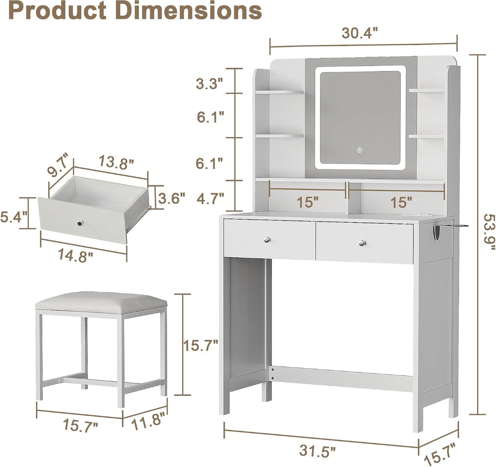 Vanity Desk with Lighted Mirror, Stool and Large Storage Space | Small Vanity...