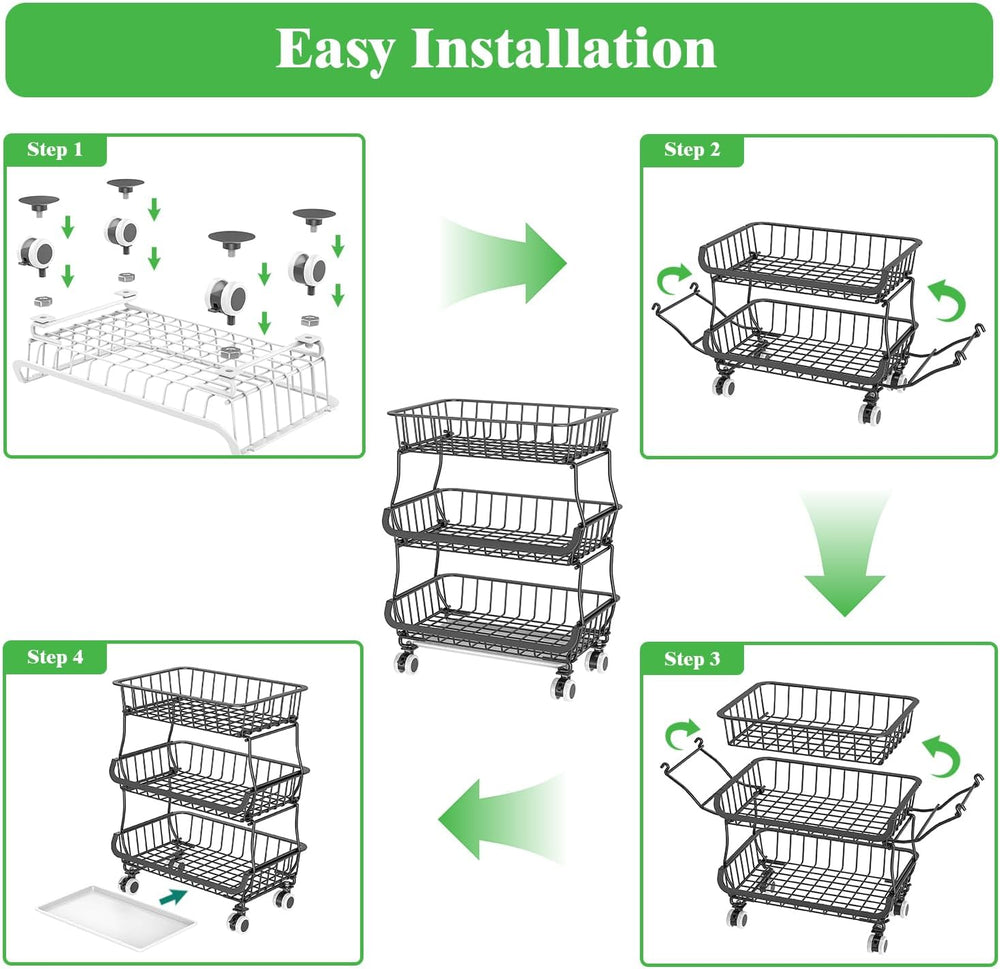 3 Tire Rolling Pantry Organizers and Storage Cart on Wheels | Metal Frame, Un...