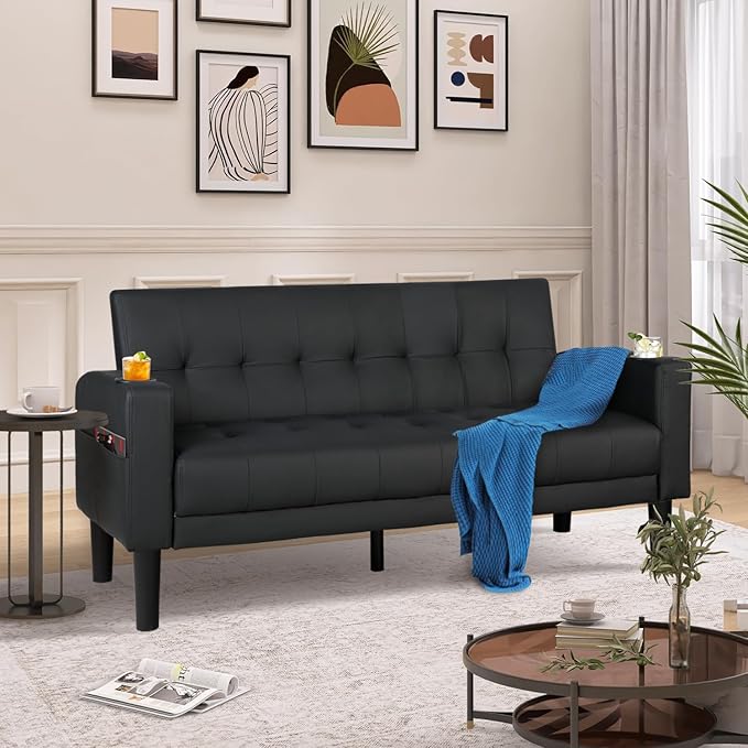 AILEEKISS 62" Loveseat Couches Upholstered Leather Love Seat Sofas Couch with 2 USB, Cup Holders, Side Pocket, Mid-Century Modern Tufted Sofa for Living Room,Office,Bedroom,Apartment (Black, 2-Seat)