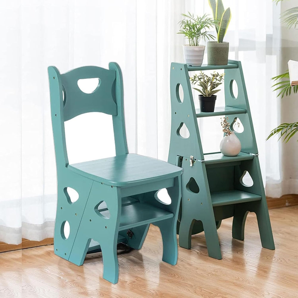 4 Step Wooden Folding Library Ladder Chair with Seat, Multifunctional Step St...