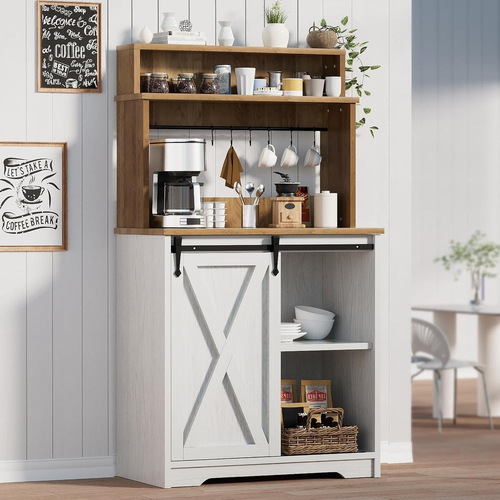 BestHaped Farmhouse Coffee Station with 3 Tier Storage Hutch & 6 Hooks - ...