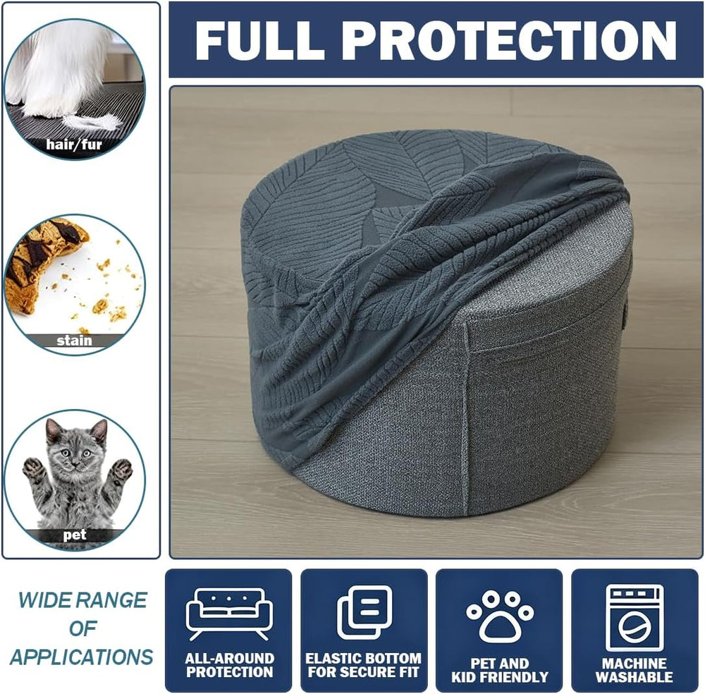 Round Ottoman Cover Stretch Round Ottoman Storage Slipcover Leaves Jacquard F...