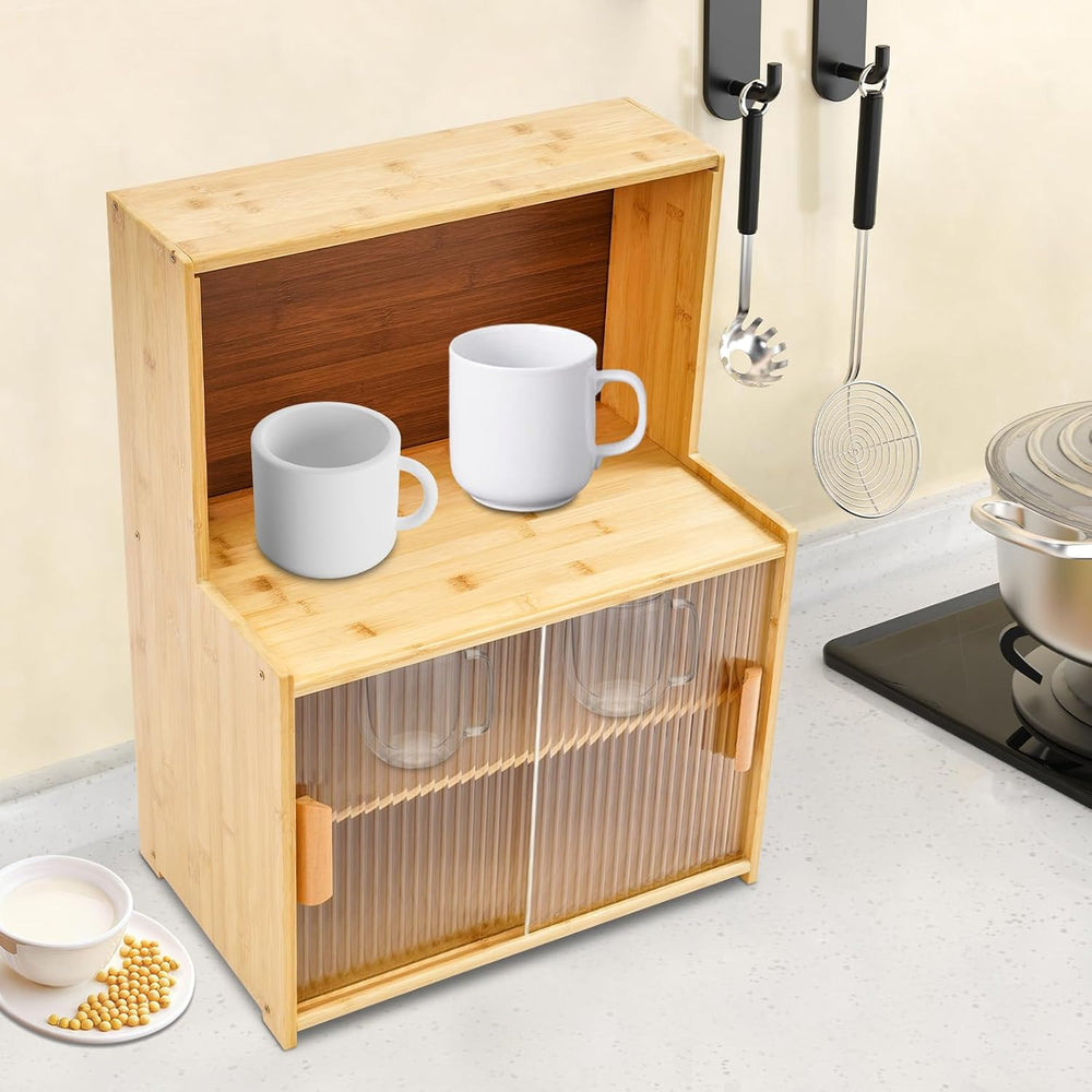 Kitchen Storage Cabinet with Sliding Doors, Bamboo Kitchen Pantry Sideboard, ...