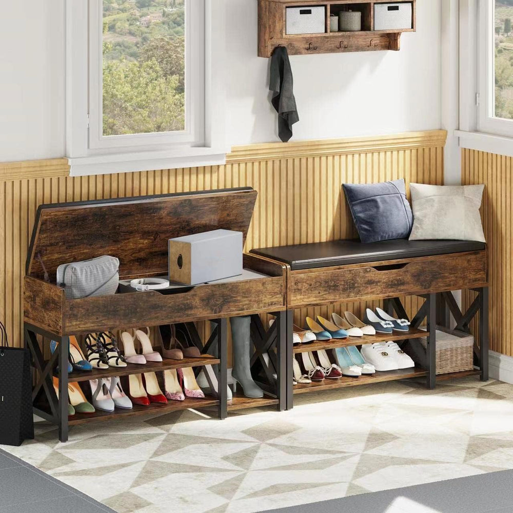 Shoe Bench, Lift Top Shoe Storage Bench, Adjustable Shelf Entryway Bench, Met...