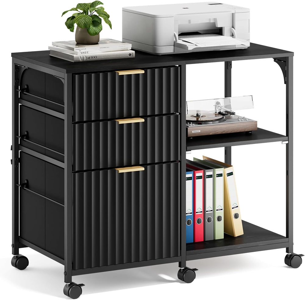 VINGLI 3 Drawer Mobile File Cabinet Printer Stand, Fluted Filing Cabinet with...