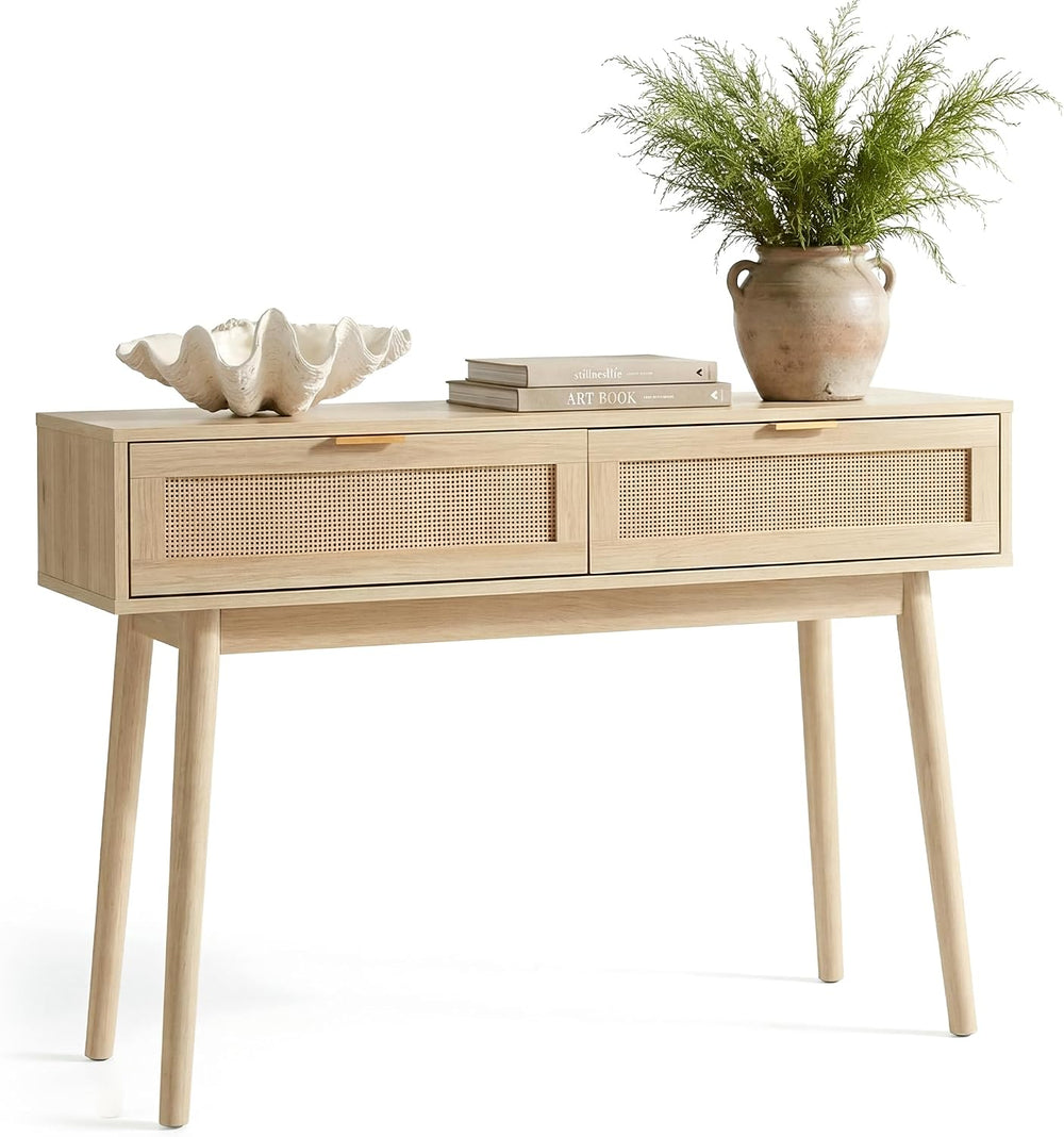 HOPUBUY Console Table Rattan Desk with Drawers,Narrow Sofa | Pine Leg, Modern...