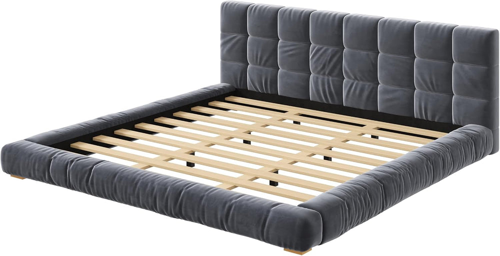 JIVOIT King Size Upholstered Platform Bed, Velvet Headboard Bed Base, Wood Sl...