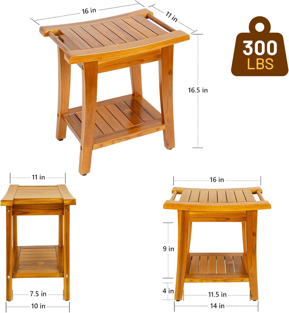 16" Compact Teak Shower Bench with Shelf & Handle, Solid Premium Tea...